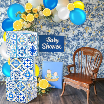 106 Pcs Large Amalfi Coast Party Decorations Boxes with 100 Pcs 10/5 Inch Blue and Yellow Capri Lemon Balloon, 12 Inch Amalfi Coast Cardboard Box for Birthday Baby Shower Wedding Supplies