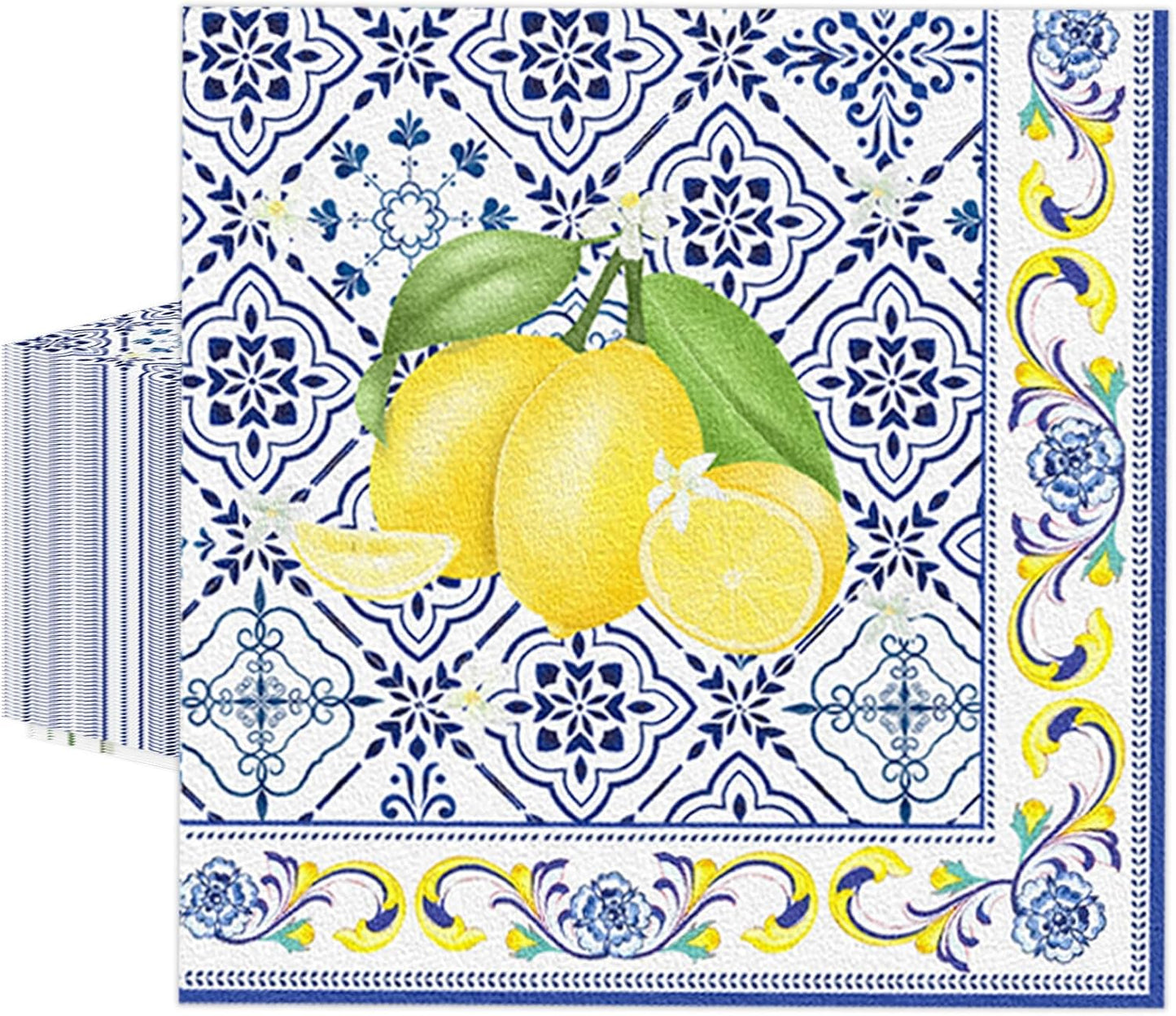 50 Pcs Tiles Lemons Paper Napkins 6.5 x 6.5 Inches, Blue Yellow Fruit Theme Disposable Luncheon Dinner Party Napkins Cocktail Napkin for Wedding Bridal Shower Summer Party Decorations