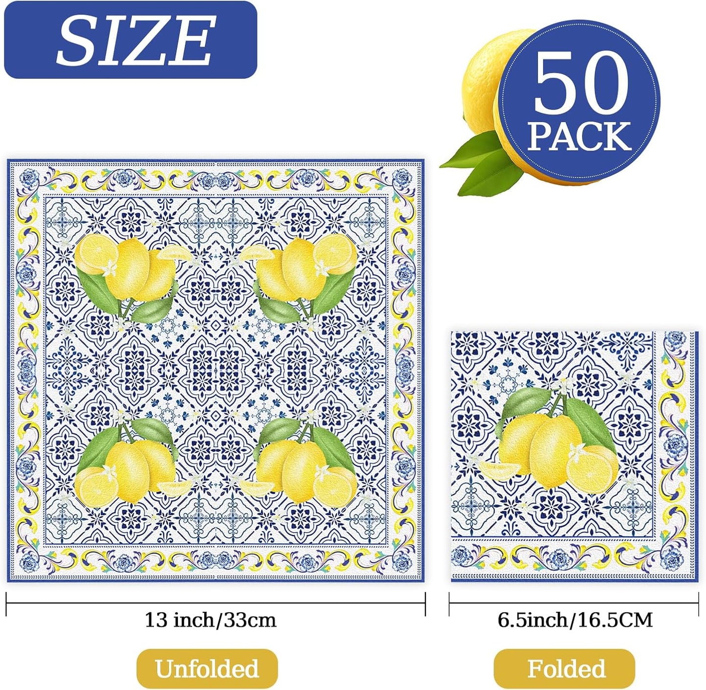 50 Pcs Tiles Lemons Paper Napkins 6.5 x 6.5 Inches, Blue Yellow Fruit Theme Disposable Luncheon Dinner Party Napkins Cocktail Napkin for Wedding Bridal Shower Summer Party Decorations