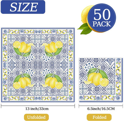 50 Pcs Tiles Lemons Paper Napkins 6.5 x 6.5 Inches, Blue Yellow Fruit Theme Disposable Luncheon Dinner Party Napkins Cocktail Napkin for Wedding Bridal Shower Summer Party Decorations