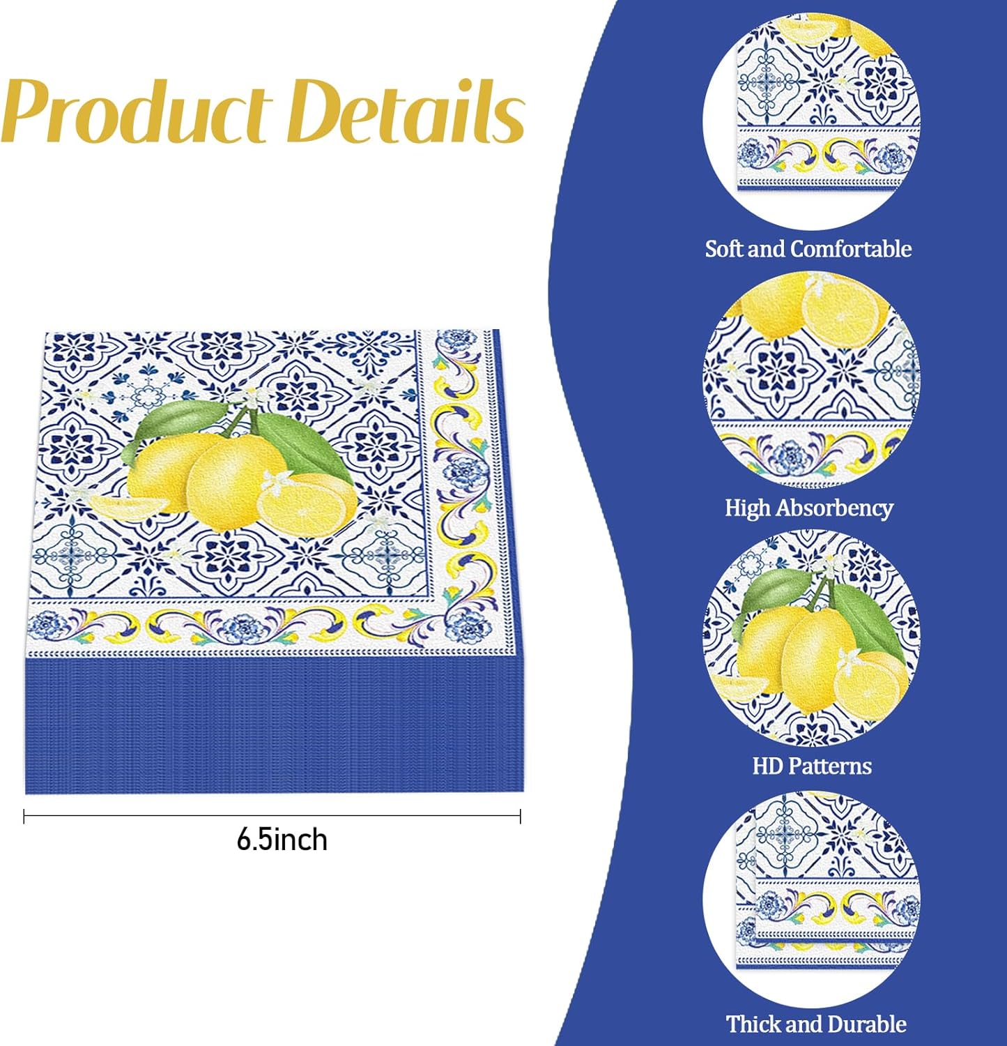 50 Pcs Tiles Lemons Paper Napkins 6.5 x 6.5 Inches, Blue Yellow Fruit Theme Disposable Luncheon Dinner Party Napkins Cocktail Napkin for Wedding Bridal Shower Summer Party Decorations