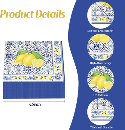 50 Pcs Tiles Lemons Paper Napkins 6.5 x 6.5 Inches, Blue Yellow Fruit Theme Disposable Luncheon Dinner Party Napkins Cocktail Napkin for Wedding Bridal Shower Summer Party Decorations