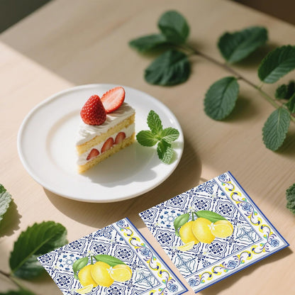 50 Pcs Tiles Lemons Paper Napkins 6.5 x 6.5 Inches, Blue Yellow Fruit Theme Disposable Luncheon Dinner Party Napkins Cocktail Napkin for Wedding Bridal Shower Summer Party Decorations