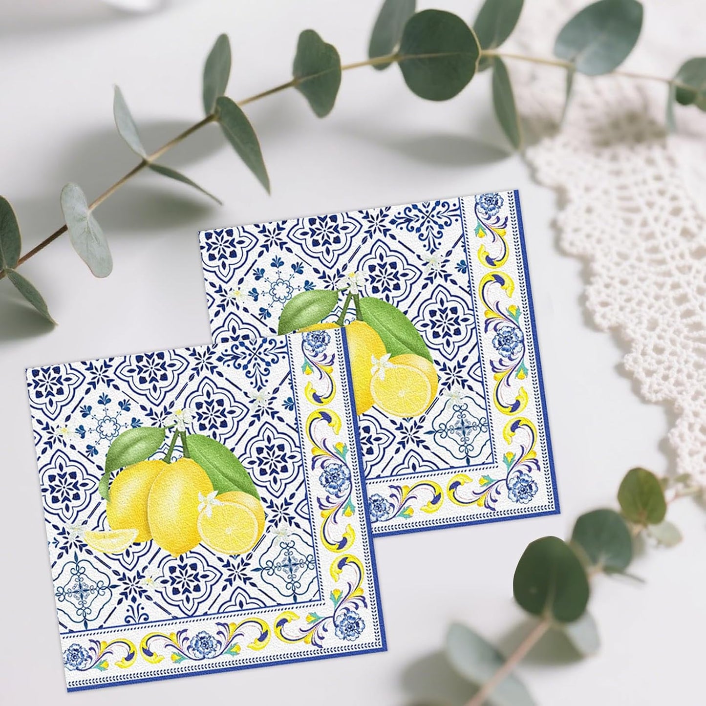 50 Pcs Tiles Lemons Paper Napkins 6.5 x 6.5 Inches, Blue Yellow Fruit Theme Disposable Luncheon Dinner Party Napkins Cocktail Napkin for Wedding Bridal Shower Summer Party Decorations