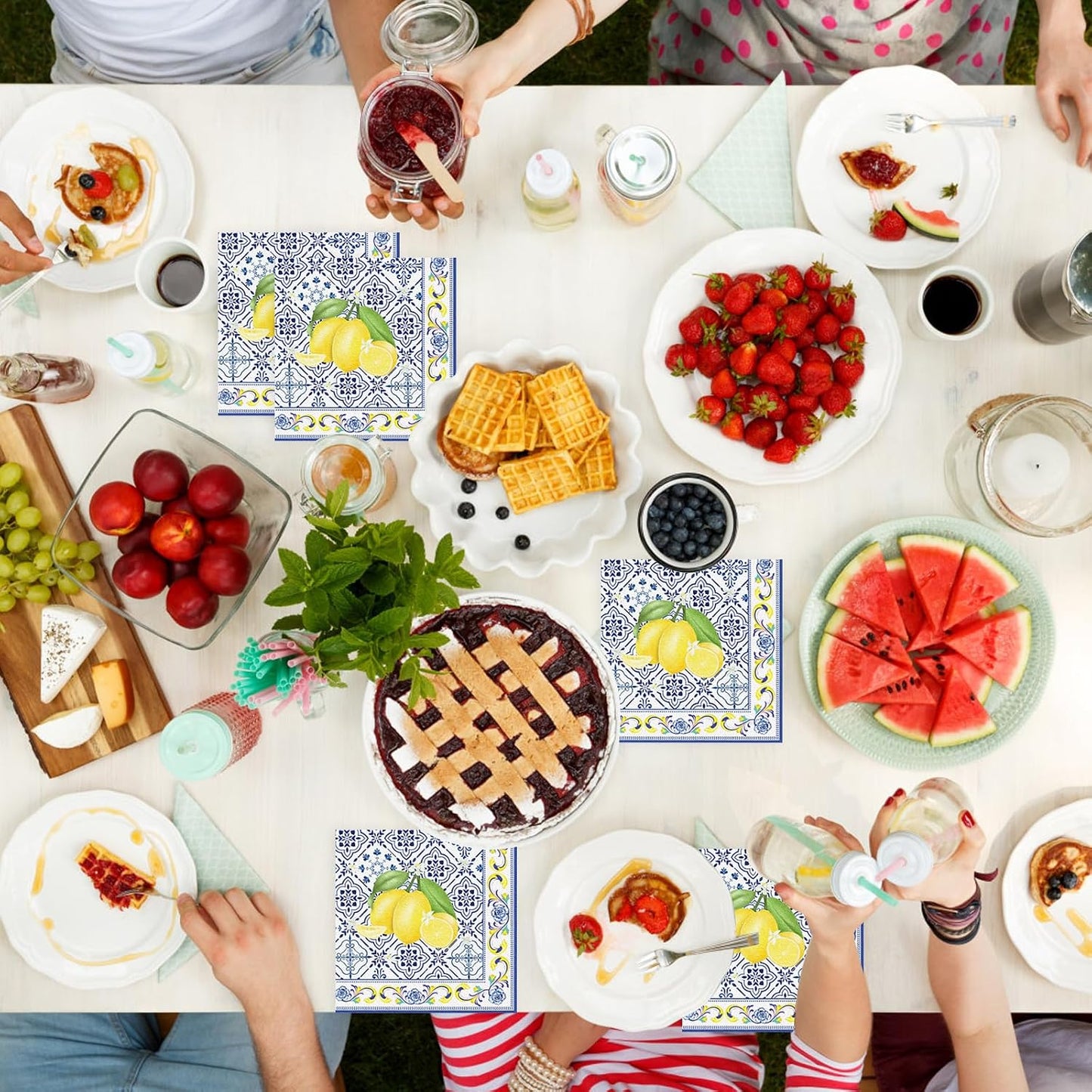 50 Pcs Tiles Lemons Paper Napkins 6.5 x 6.5 Inches, Blue Yellow Fruit Theme Disposable Luncheon Dinner Party Napkins Cocktail Napkin for Wedding Bridal Shower Summer Party Decorations