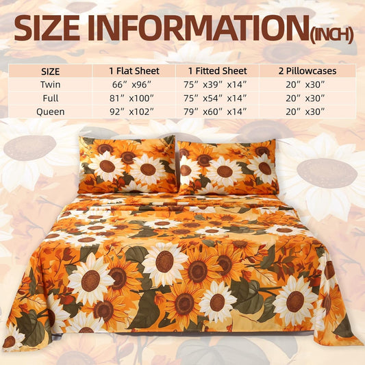 4Pcs Floral Queen Size Bed Sheets,Floral Microfiber Bedding Sheet Sets,Boho Yellow Sunflowers Pattern,included 1 Fitted Sheet 14''Deep Pocket + 1 Flat Sheet + 2 Pillowcases,Breathable and Wrinkle.