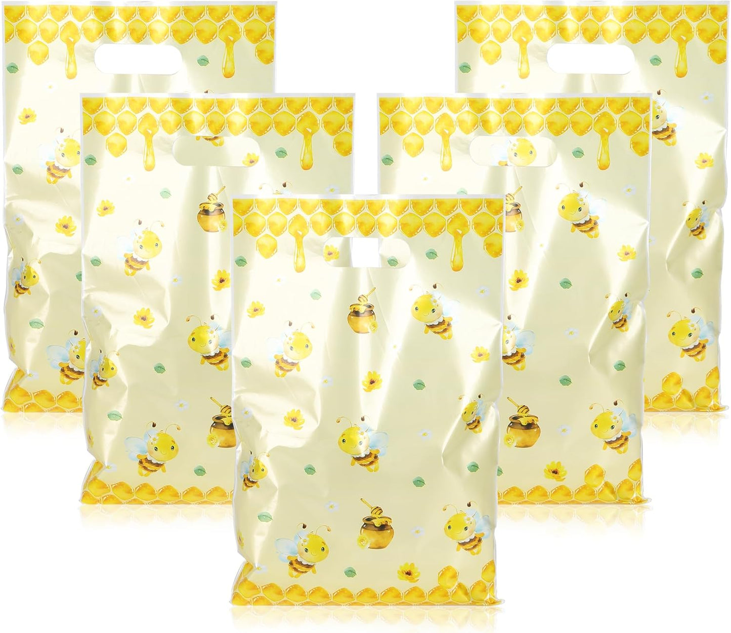 25Pcs Bee Party Favor Bags with Handles Plastic Waterproof Goodie Candy Snacks Bag Yellow Gift Pack for Honeybee Themed Birthday Party Decoration Honey Business Supplies, 9.8 x 6.3 in