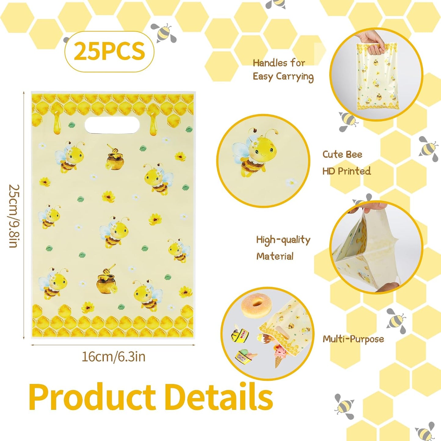 25Pcs Bee Party Favor Bags with Handles Plastic Waterproof Goodie Candy Snacks Bag Yellow Gift Pack for Honeybee Themed Birthday Party Decoration Honey Business Supplies, 9.8 x 6.3 in