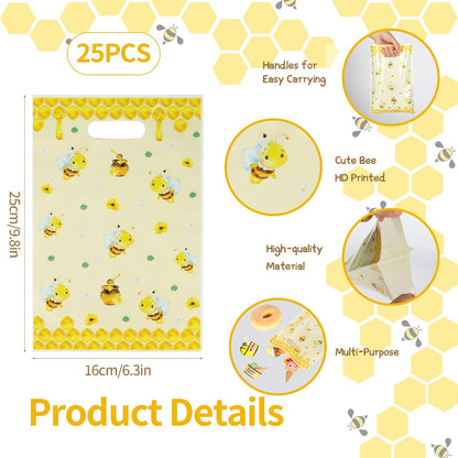 25Pcs Bee Party Favor Bags with Handles Plastic Waterproof Goodie Candy Snacks Bag Yellow Gift Pack for Honeybee Themed Birthday Party Decoration Honey Business Supplies, 9.8 x 6.3 in