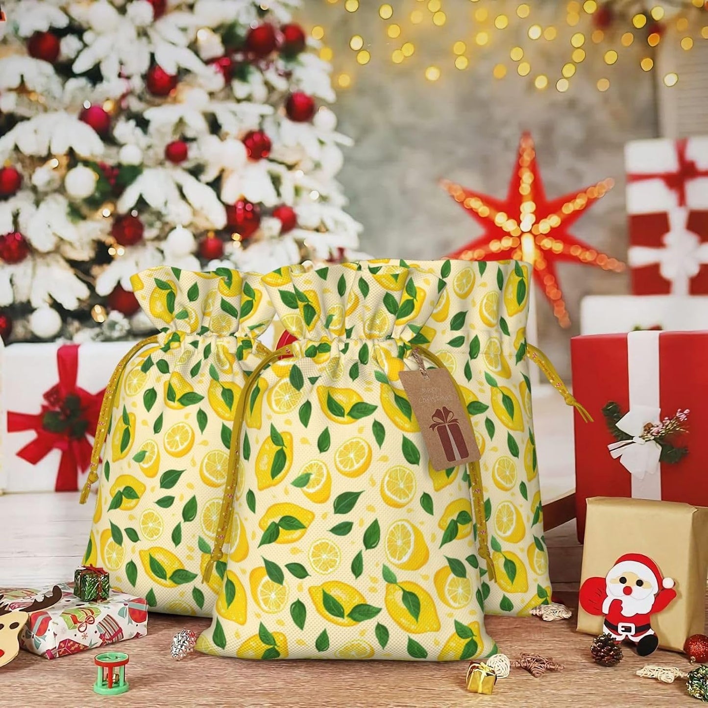Fun Lemons And Lemon Slices For Christmas Drawstring Gift Bags, 8.3"x11.8" Holiday Gift Wrapping Bag For Xmas Holiday Present Wrapping & Festival Party Supplies