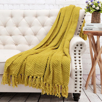 Lightweight Classic Hand Woven Design Knitted Throw Blanket | Mustard Yellow Color Chevron Pattern Beachy Coastal Look Knotted Fringe All Seasons | Reversible Super Soft Plush Cozy Feel 60" x 80"