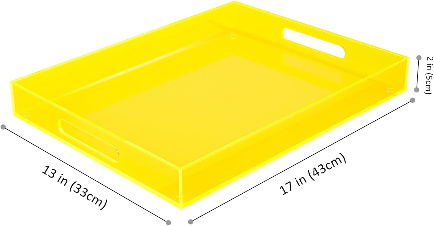 Large Acrylic Tray Ottoman Coffee Table Tray with Handles 17x13'' Decorative Serving Platter for Food Tea Dinner Snack Eating Bar Party, Neon Yellow