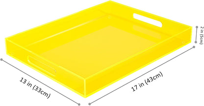 Large Acrylic Tray Ottoman Coffee Table Tray with Handles 17x13'' Decorative Serving Platter for Food Tea Dinner Snack Eating Bar Party, Neon Yellow