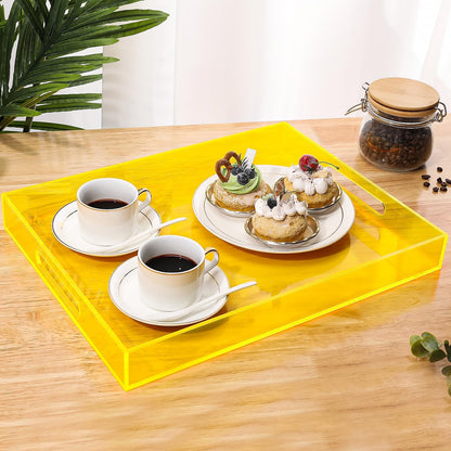 Large Acrylic Tray Ottoman Coffee Table Tray with Handles 17x13'' Decorative Serving Platter for Food Tea Dinner Snack Eating Bar Party, Neon Yellow