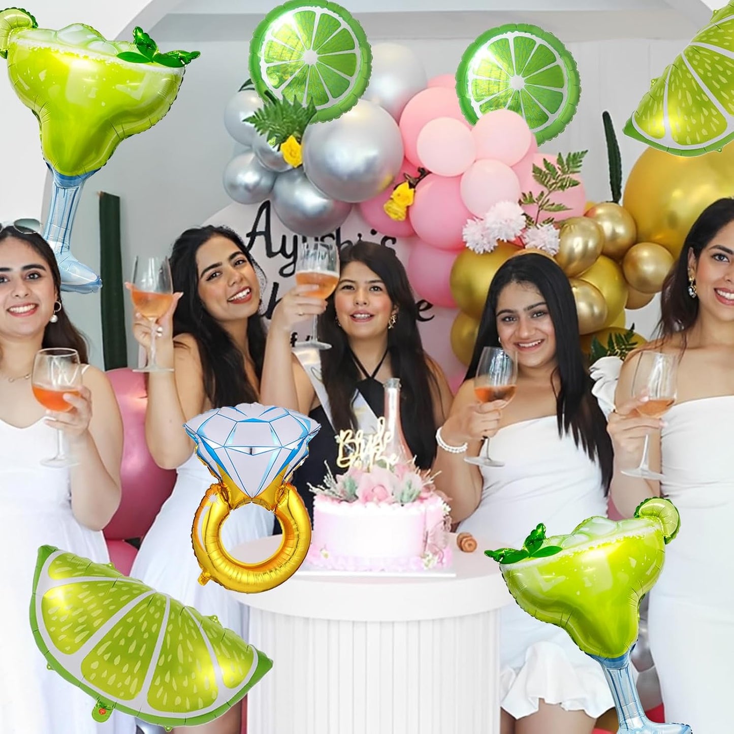 Margs and Matrimony Bachelorette Balloons for Margarita Bachelorette Party | 7pcs Margarita Glass, Lemon Balloons and Diamond Ring Balloons for Wedding Bridal Shower Decorations