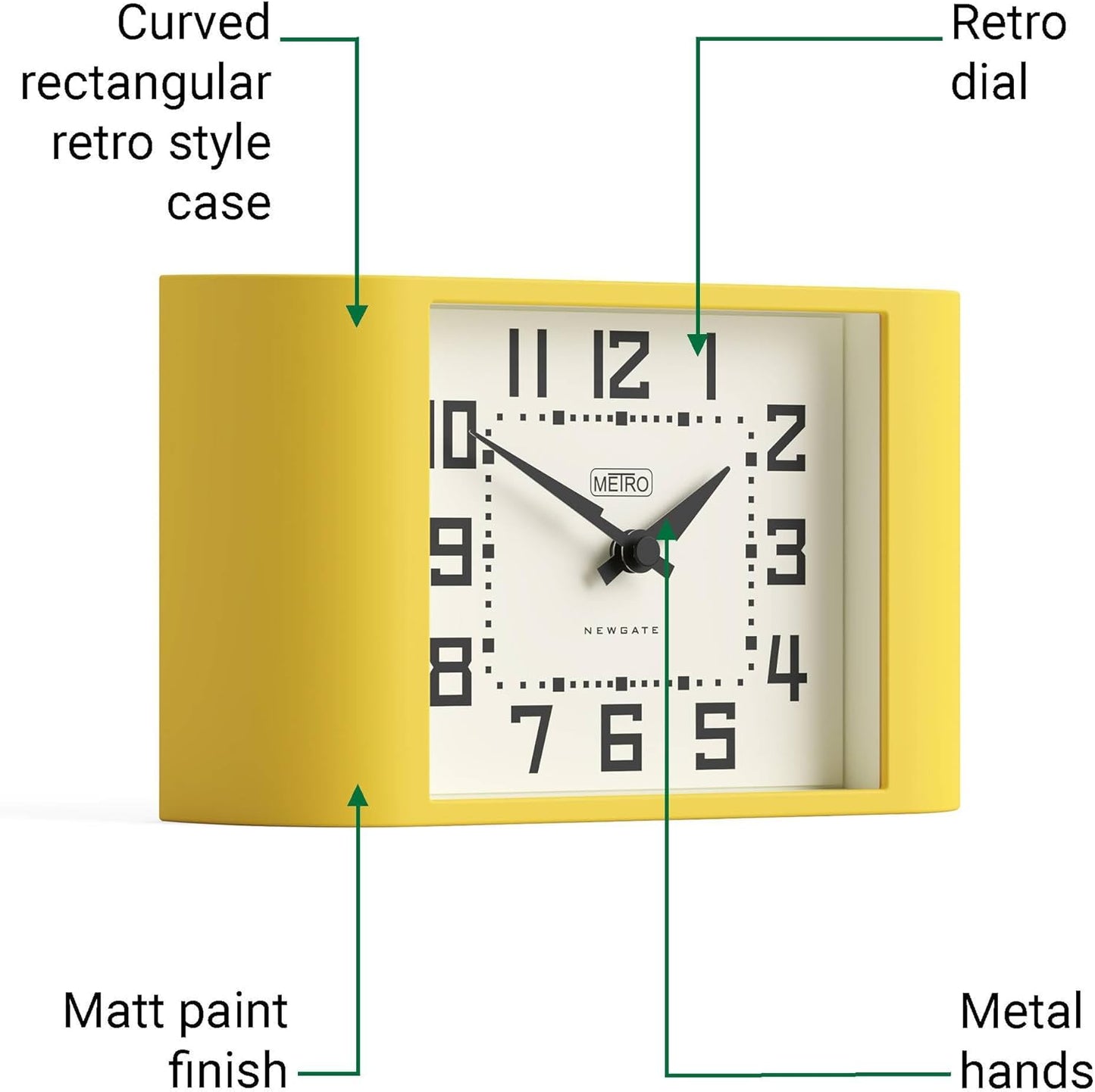 ® Mini Metro Desk Clock | Retro Mantel Clock | Citrus Yellow | Mid-Century Style for Desk, Table top, Shelf or Bedside