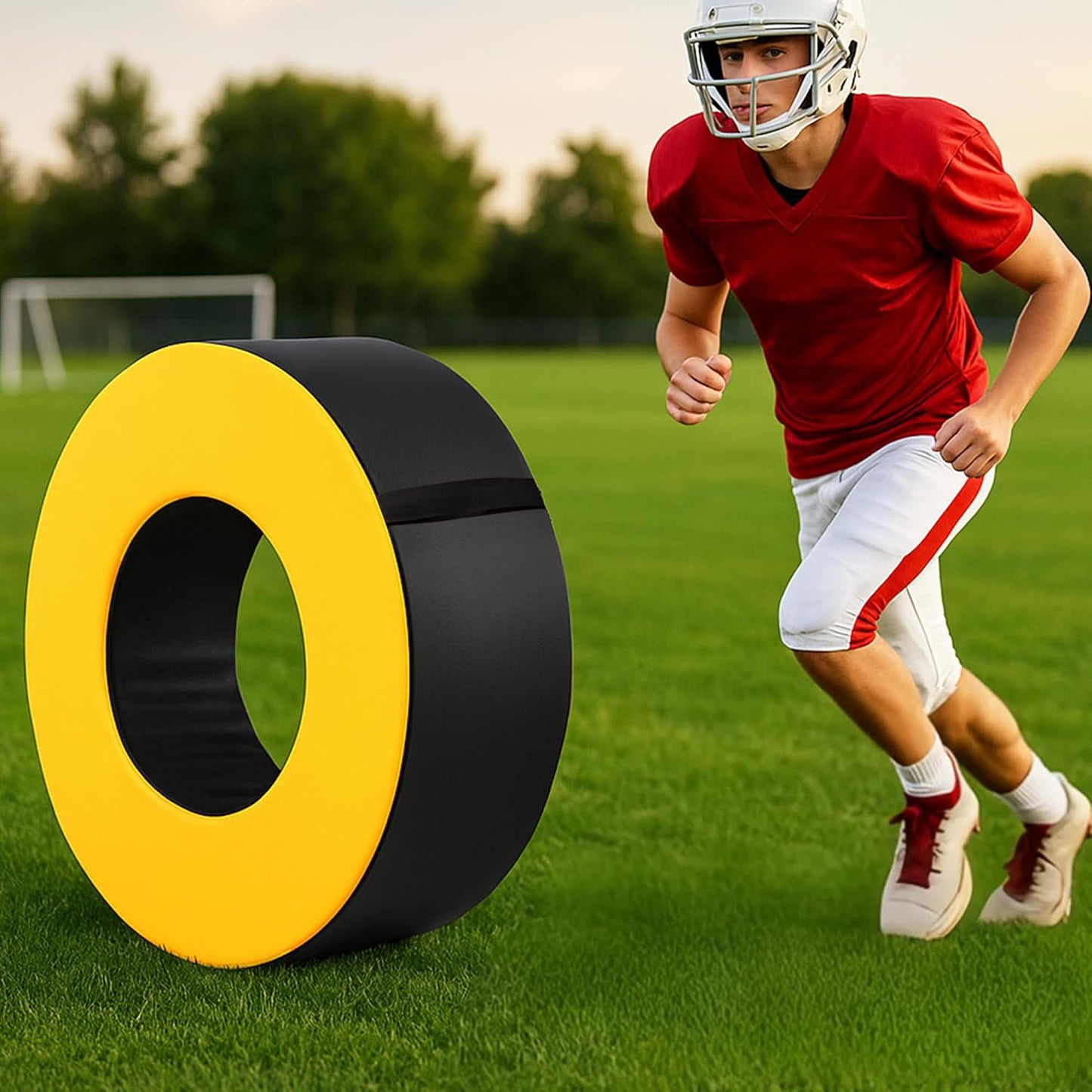 Football Tackle Wheel with Bonus Round Seat Pad, Youth Football Tackle Ring with Side Straps, High-Density Foam Tackle Dummy, Water-Resistant PU Leather Football Practice Equipment