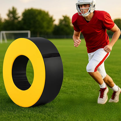 Football Tackle Wheel with Bonus Round Seat Pad, Youth Football Tackle Ring with Side Straps, High-Density Foam Tackle Dummy, Water-Resistant PU Leather Football Practice Equipment
