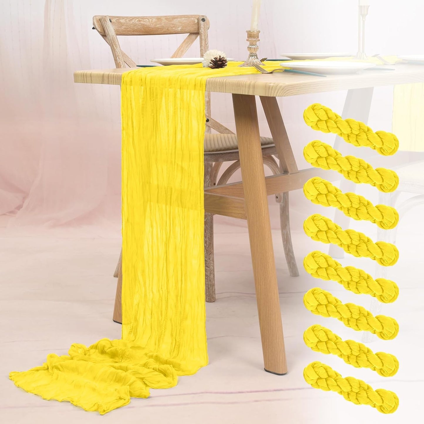 8 Pack Lemon Yellow Cheesecloth Table Runner 10FT Boho Gauze Cheese Cloth Table Runner Rustic Sheer Fabric Table Runners for Wedding Bridal Shower Baby Shower Party(21.5×120 Inch)