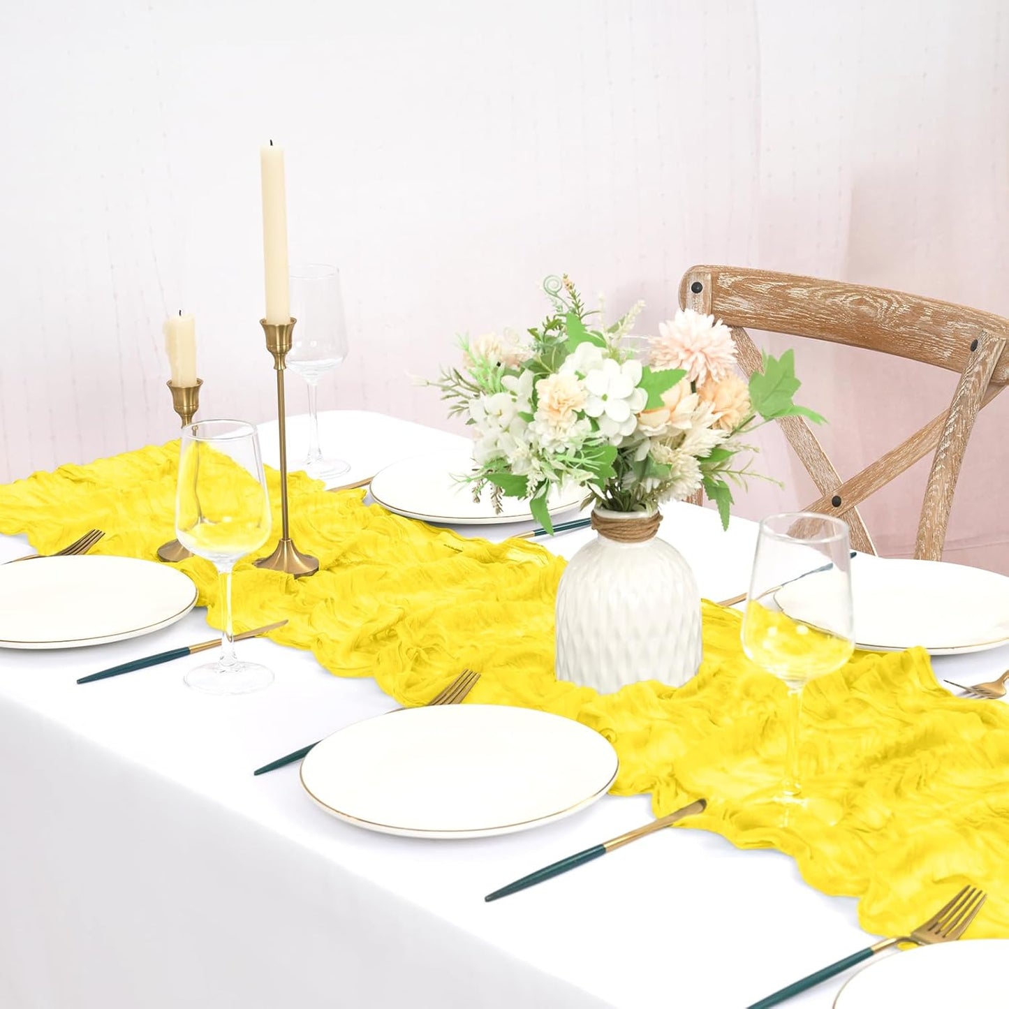 8 Pack Lemon Yellow Cheesecloth Table Runner 10FT Boho Gauze Cheese Cloth Table Runner Rustic Sheer Fabric Table Runners for Wedding Bridal Shower Baby Shower Party(21.5×120 Inch)