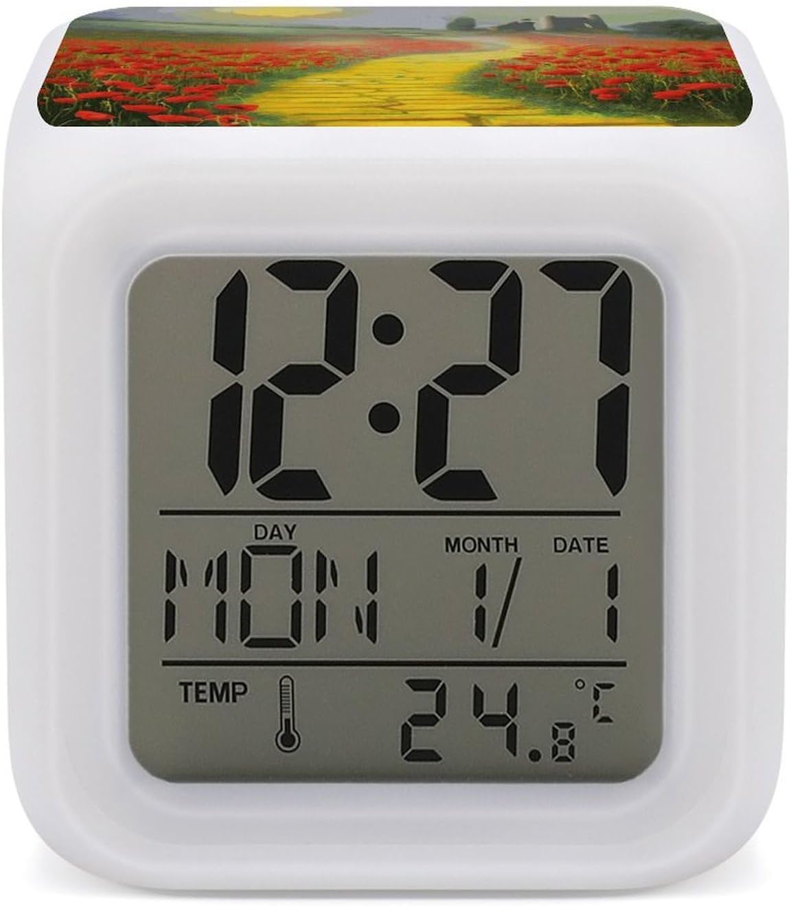 Cube Alarm Clock Creative 7 Colour LED Digital Clock with Temperature | Poppies Field Yellow Brick Road Bedside Electronic Clock Battery Operated Mute Luminous Alarm Clock Adjustable Light