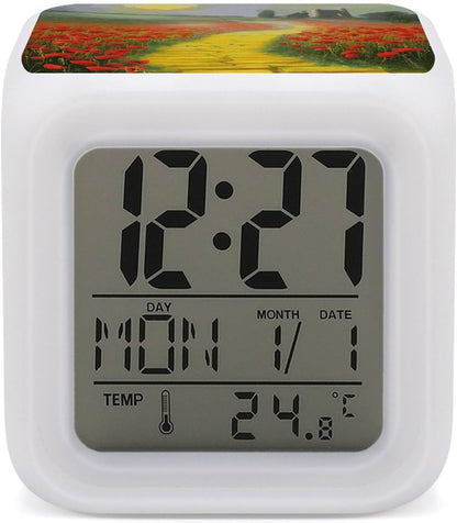 Cube Alarm Clock Creative 7 Colour LED Digital Clock with Temperature | Poppies Field Yellow Brick Road Bedside Electronic Clock Battery Operated Mute Luminous Alarm Clock Adjustable Light
