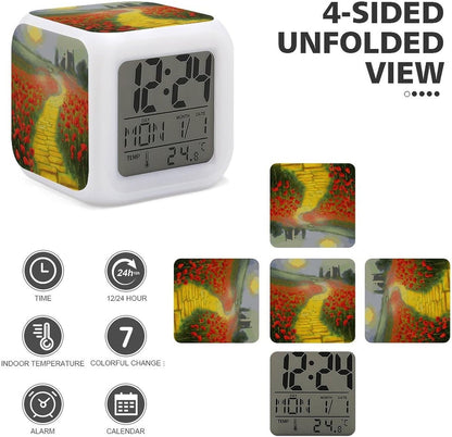 Cube Alarm Clock Creative 7 Colour LED Digital Clock with Temperature | Poppies Field Yellow Brick Road Bedside Electronic Clock Battery Operated Mute Luminous Alarm Clock Adjustable Light
