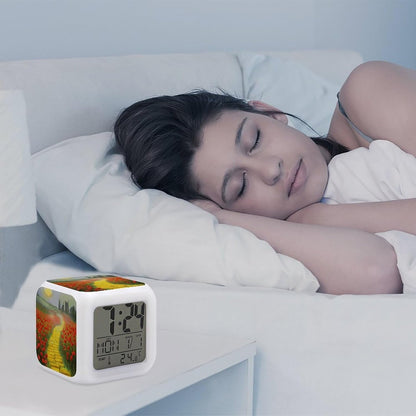 Cube Alarm Clock Creative 7 Colour LED Digital Clock with Temperature | Poppies Field Yellow Brick Road Bedside Electronic Clock Battery Operated Mute Luminous Alarm Clock Adjustable Light