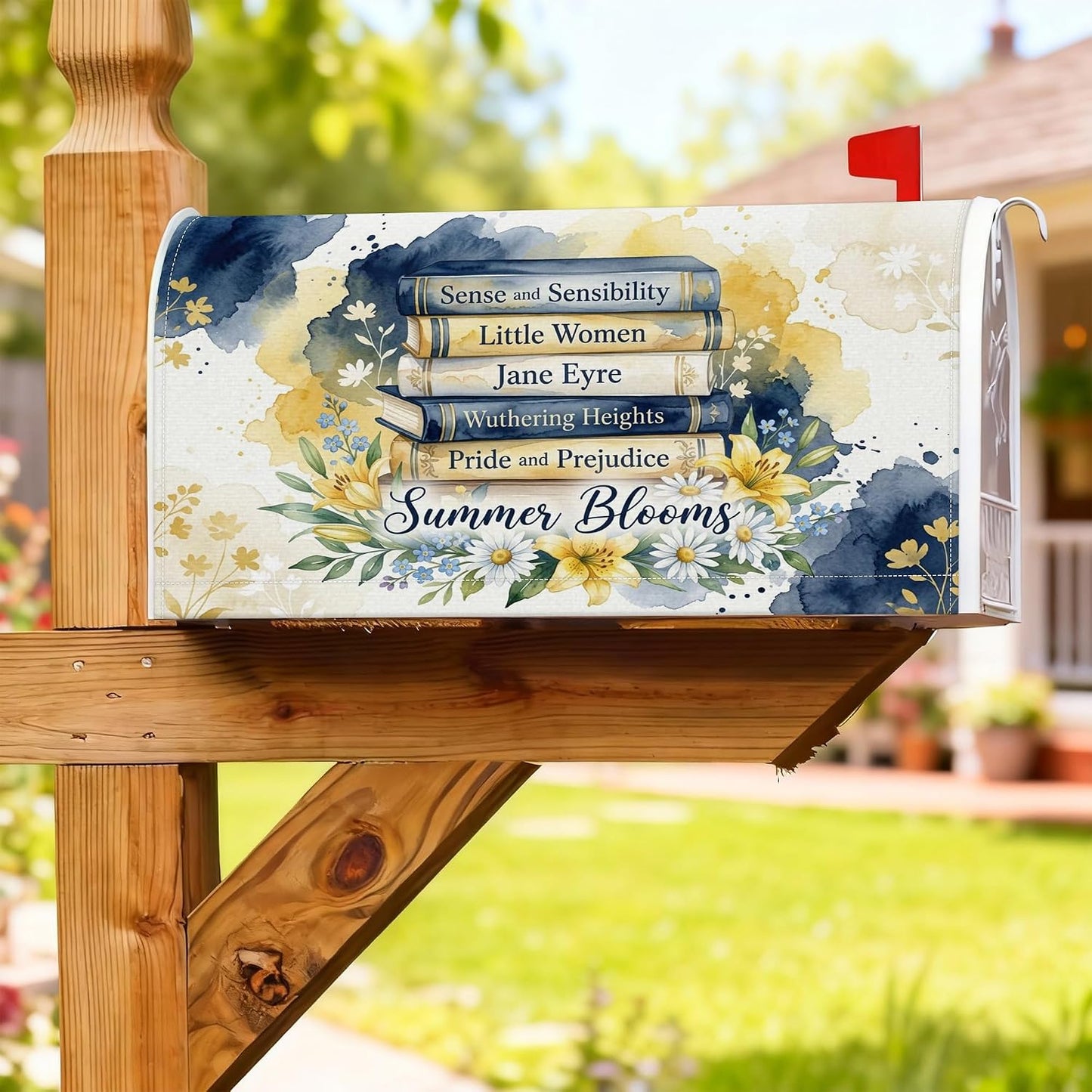 Books Magnetic Mailbox Covers, Summer Fanciful Flowers Leaves Summer Yellow Mailbox Wraps for Front Yard Decor 18x21 Inch