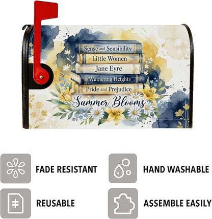 Books Magnetic Mailbox Covers, Summer Fanciful Flowers Leaves Summer Yellow Mailbox Wraps for Front Yard Decor 18x21 Inch