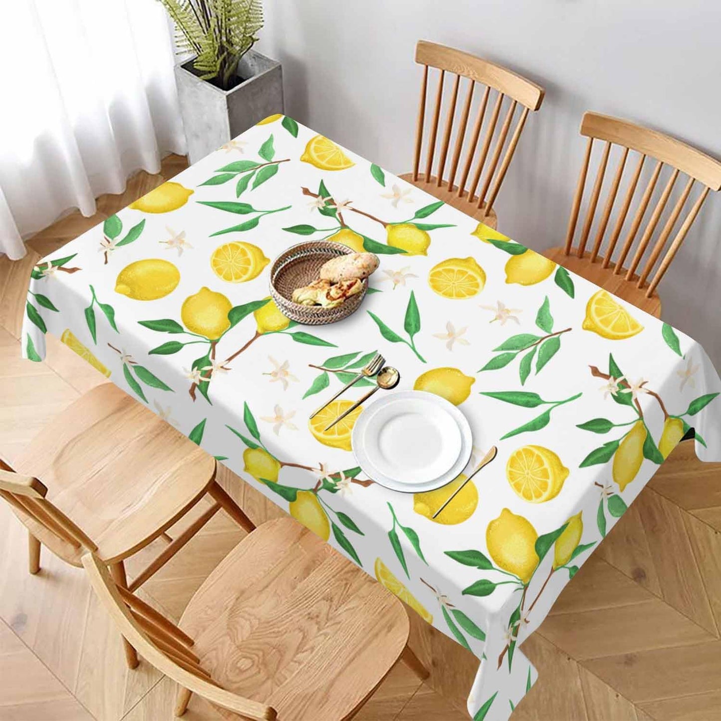 Fresh Lemon Tropical 52x70 Table Cloth Yellow Green Leaves White Washable Polyester Tablecloths for Dining Kitchen Outdoor Picnic Camping Party Wedding Event