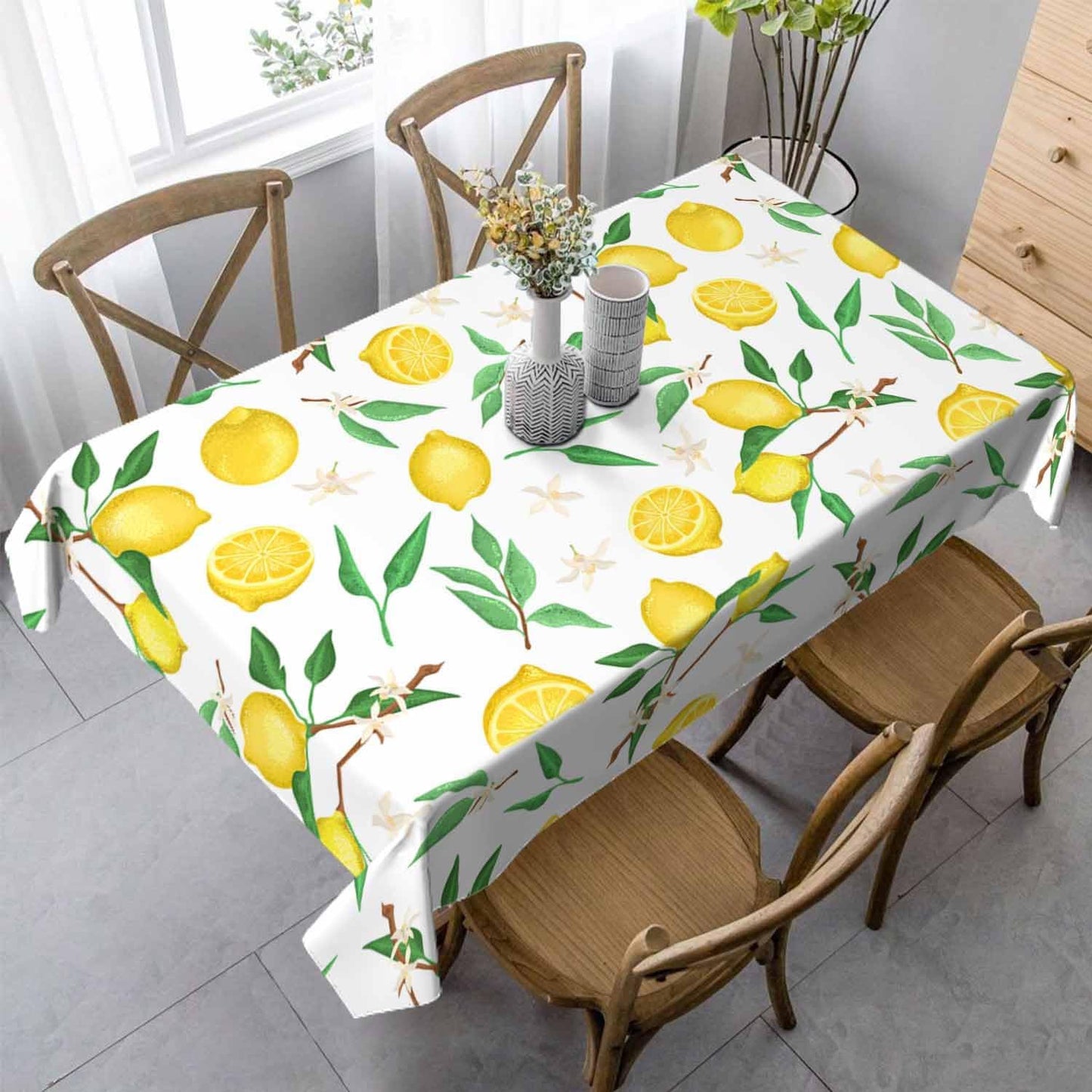 Fresh Lemon Tropical 52x70 Table Cloth Yellow Green Leaves White Washable Polyester Tablecloths for Dining Kitchen Outdoor Picnic Camping Party Wedding Event