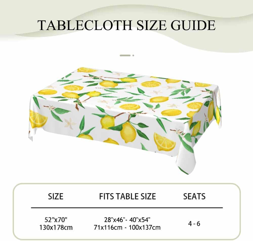Fresh Lemon Tropical 52x70 Table Cloth Yellow Green Leaves White Washable Polyester Tablecloths for Dining Kitchen Outdoor Picnic Camping Party Wedding Event