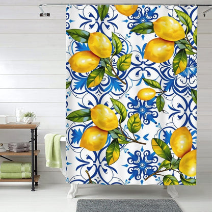 Bright Yellow Lemon Polyester Shower Curtain 60 x 72 Inches with 12 Plastic Hooks - Waterproof, Quick Dry Bathroom Decor for Hotel, Home and RV Use - Machine Washable