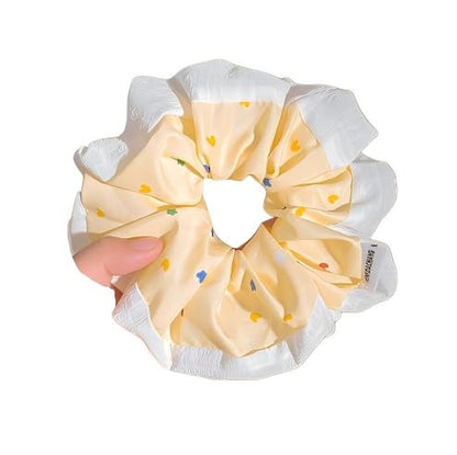 Cute Yellow Polka Dot Star Scrunchie with Lace Trim, Kawaii Hair Tie for Women Girls, Elastic Ponytail Holder for Low Ponytail, Sweet Hair Accessory