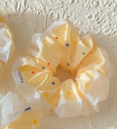 Cute Yellow Polka Dot Star Scrunchie with Lace Trim, Kawaii Hair Tie for Women Girls, Elastic Ponytail Holder for Low Ponytail, Sweet Hair Accessory