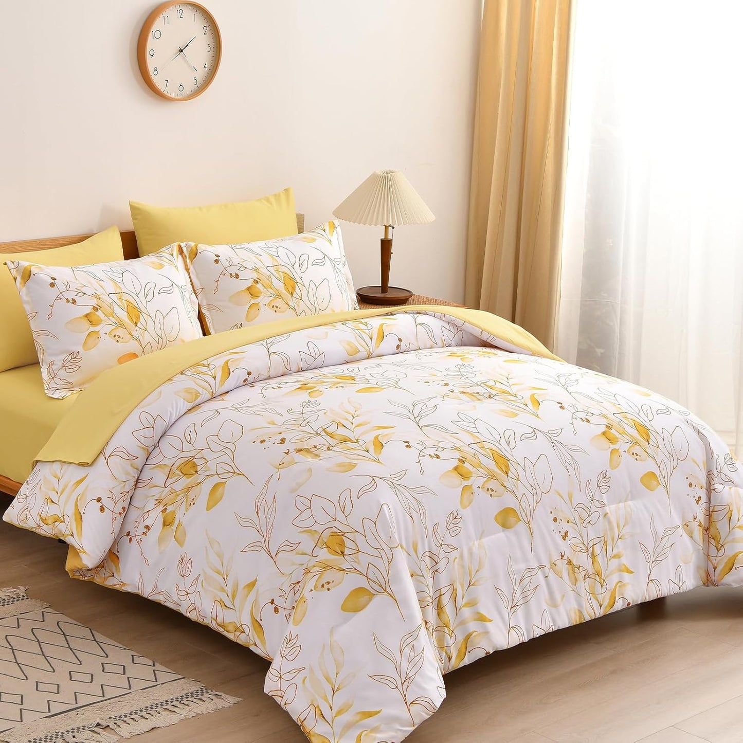 Yellow Botanical Comforter Set Queen, 7 Pieces Floral Bed in a Bag Gloden Leaves Bedding Set Soft Microfiber Queen(1 Comforter,2 Pillowcase,2 Pillow Shams,1 Flat Sheet,1 Fitted Sheet)