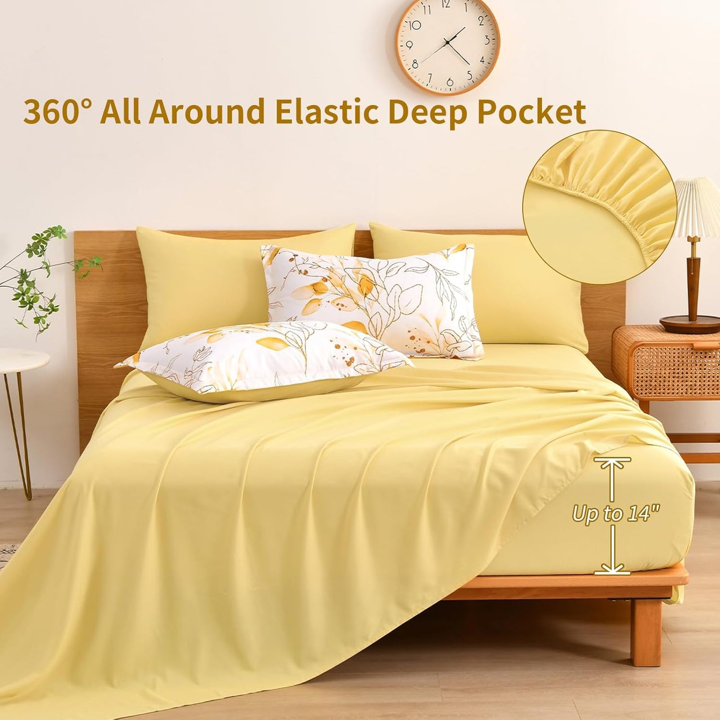 Yellow Botanical Comforter Set Queen, 7 Pieces Floral Bed in a Bag Gloden Leaves Bedding Set Soft Microfiber Queen(1 Comforter,2 Pillowcase,2 Pillow Shams,1 Flat Sheet,1 Fitted Sheet)