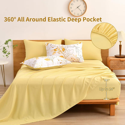 Yellow Botanical Comforter Set Queen, 7 Pieces Floral Bed in a Bag Gloden Leaves Bedding Set Soft Microfiber Queen(1 Comforter,2 Pillowcase,2 Pillow Shams,1 Flat Sheet,1 Fitted Sheet)