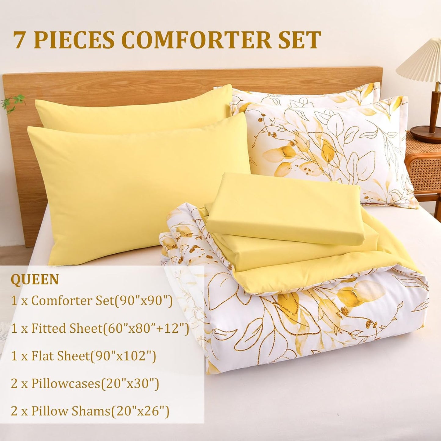 Yellow Botanical Comforter Set Queen, 7 Pieces Floral Bed in a Bag Gloden Leaves Bedding Set Soft Microfiber Queen(1 Comforter,2 Pillowcase,2 Pillow Shams,1 Flat Sheet,1 Fitted Sheet)
