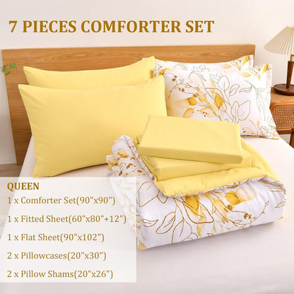 Yellow Botanical Comforter Set Queen, 7 Pieces Floral Bed in a Bag Gloden Leaves Bedding Set Soft Microfiber Queen(1 Comforter,2 Pillowcase,2 Pillow Shams,1 Flat Sheet,1 Fitted Sheet)