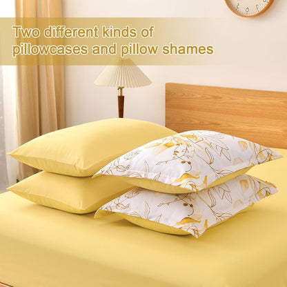 Yellow Botanical Comforter Set Queen, 7 Pieces Floral Bed in a Bag Gloden Leaves Bedding Set Soft Microfiber Queen(1 Comforter,2 Pillowcase,2 Pillow Shams,1 Flat Sheet,1 Fitted Sheet)