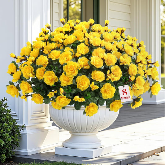 8 Large Bundles Artificial Camellia Flowers for Outdoor Decor | UV Resistant Faux Flowers Silk Plants Realistic Fake Flowers for Yard Patio Planter Porch Balcony Garden, Yellow