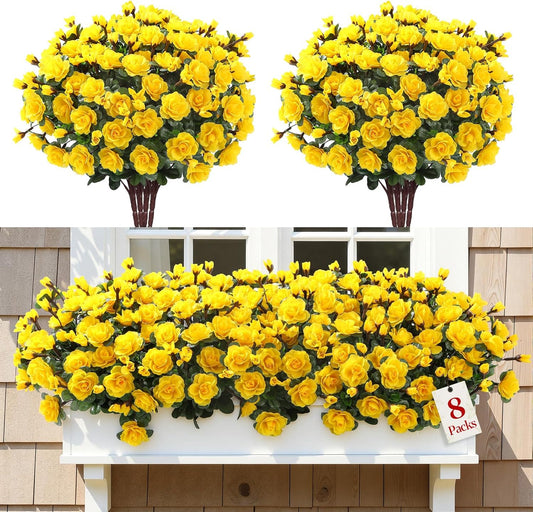 8 Large Bundles Artificial Camellia Flowers for Outdoor Decor | UV Resistant Faux Flowers Silk Plants Realistic Fake Flowers for Yard Patio Planter Porch Balcony Garden, Yellow