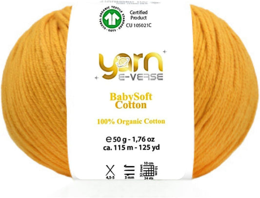 Babysoft Cotton Yarn, , 100% Organic Cotton, Soft & Hypoallergenic, Ideal for Baby Knitting, Crocheting, Amigurumi & DIY Projects, Organic Textile Certified, 50g (1, 147 Mustard Yellow)