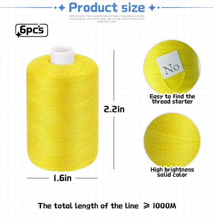 Yellow Thread for Sewing, 6 Spools of 1000 Yards Polyester Quilting Thread | All Purpose Sewing Thread Black, 6 Rolls x1000 Yards Polyester Quilting Thread for Sewing Machine, Hand Stitching Embroidery