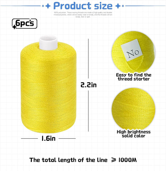 Yellow Thread for Sewing, 6 Spools of 1000 Yards Polyester Quilting Thread | All Purpose Sewing Thread Black, 6 Rolls x1000 Yards Polyester Quilting Thread for Sewing Machine, Hand Stitching Embroidery