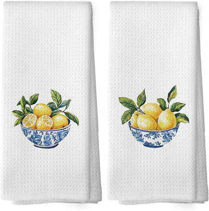 Chinoiserie Lemon Kitchen Towels Set of 2, Blue and White Porcelain Hand Towel, Grand Millennial Home Dining Room Decorative Tea Towel Dish Towels 16x24 Inch