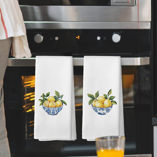 Chinoiserie Lemon Kitchen Towels Set of 2, Blue and White Porcelain Hand Towel, Grand Millennial Home Dining Room Decorative Tea Towel Dish Towels 16x24 Inch