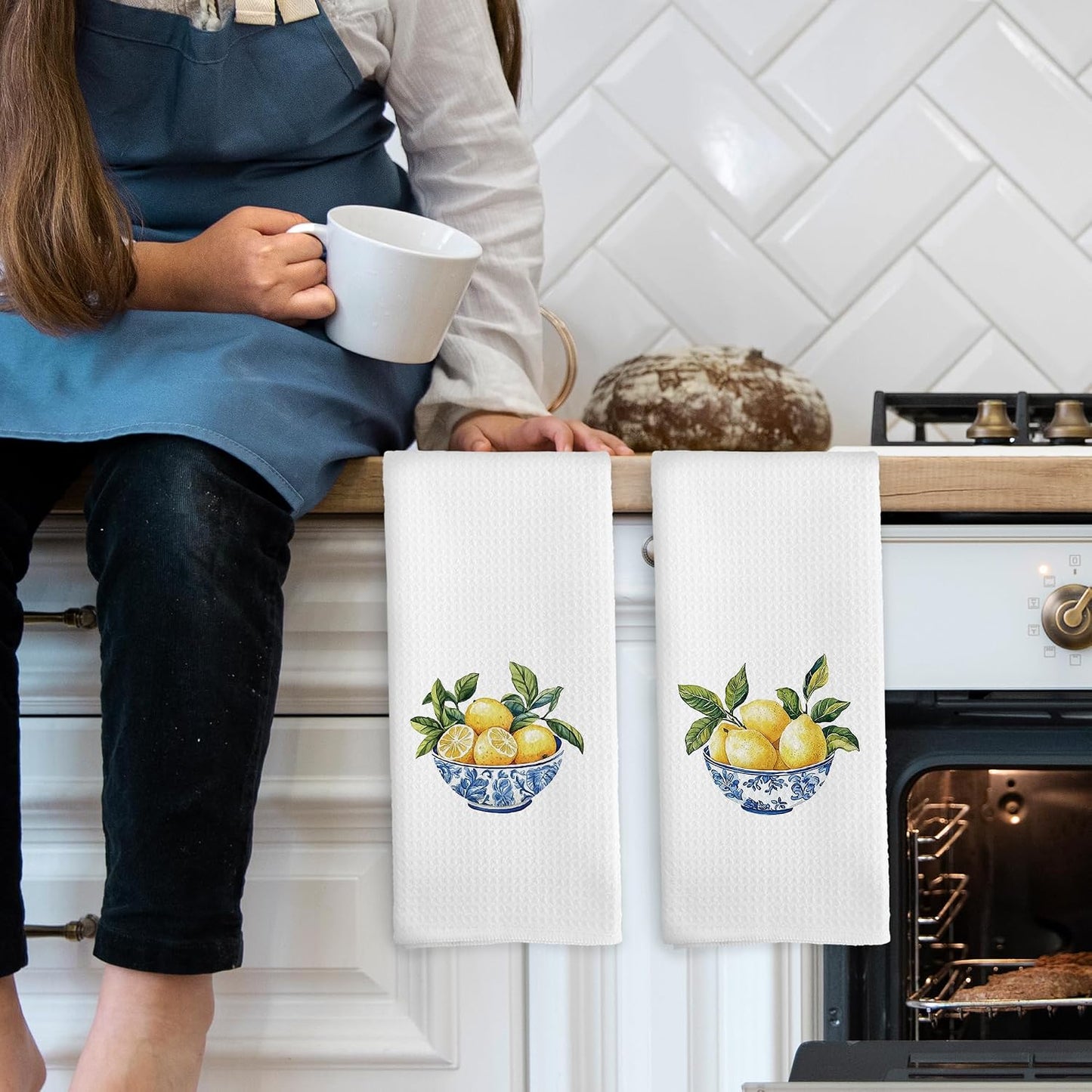 Chinoiserie Lemon Kitchen Towels Set of 2, Blue and White Porcelain Hand Towel, Grand Millennial Home Dining Room Decorative Tea Towel Dish Towels 16x24 Inch